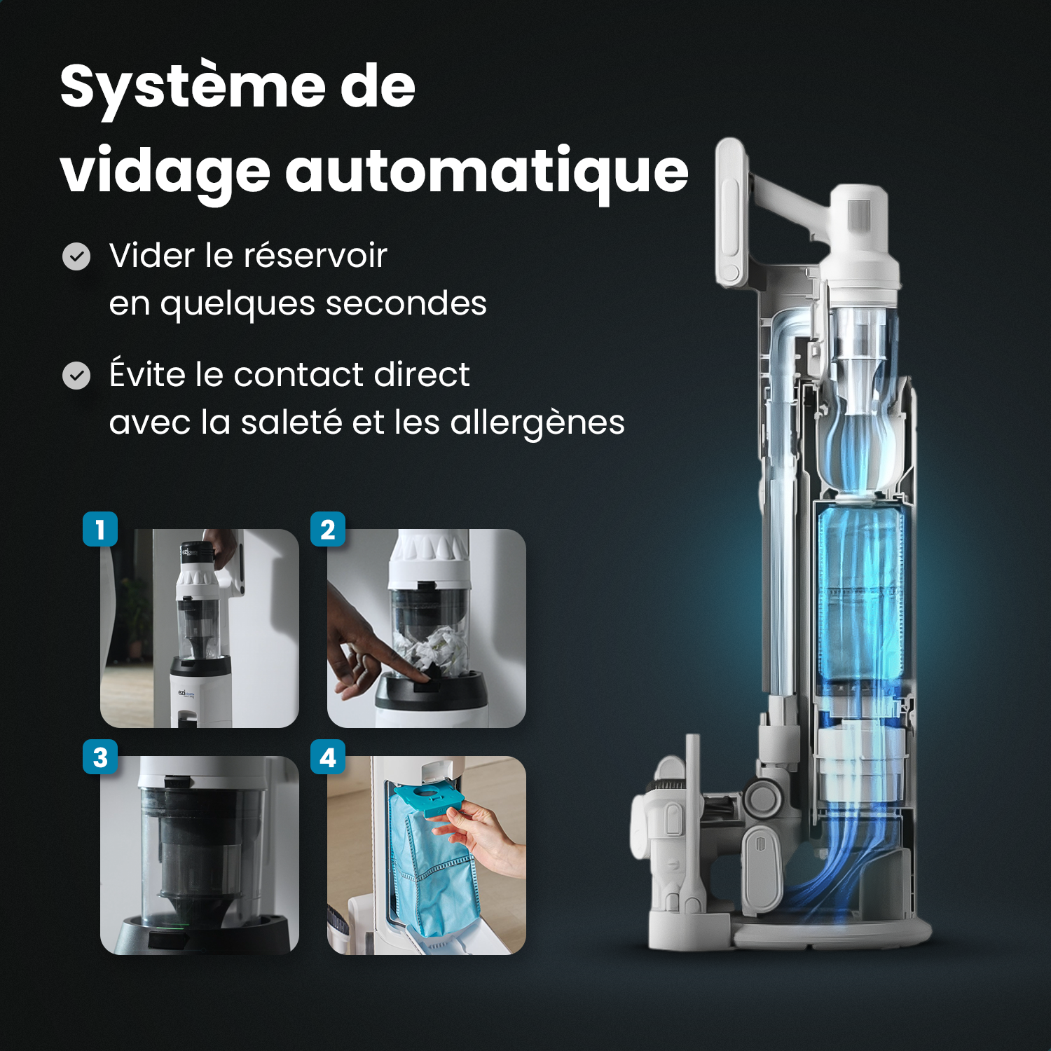 aspirateur sans fil eziclean cyclomax R22 station de vidange automatique pour faciliter la maintenance