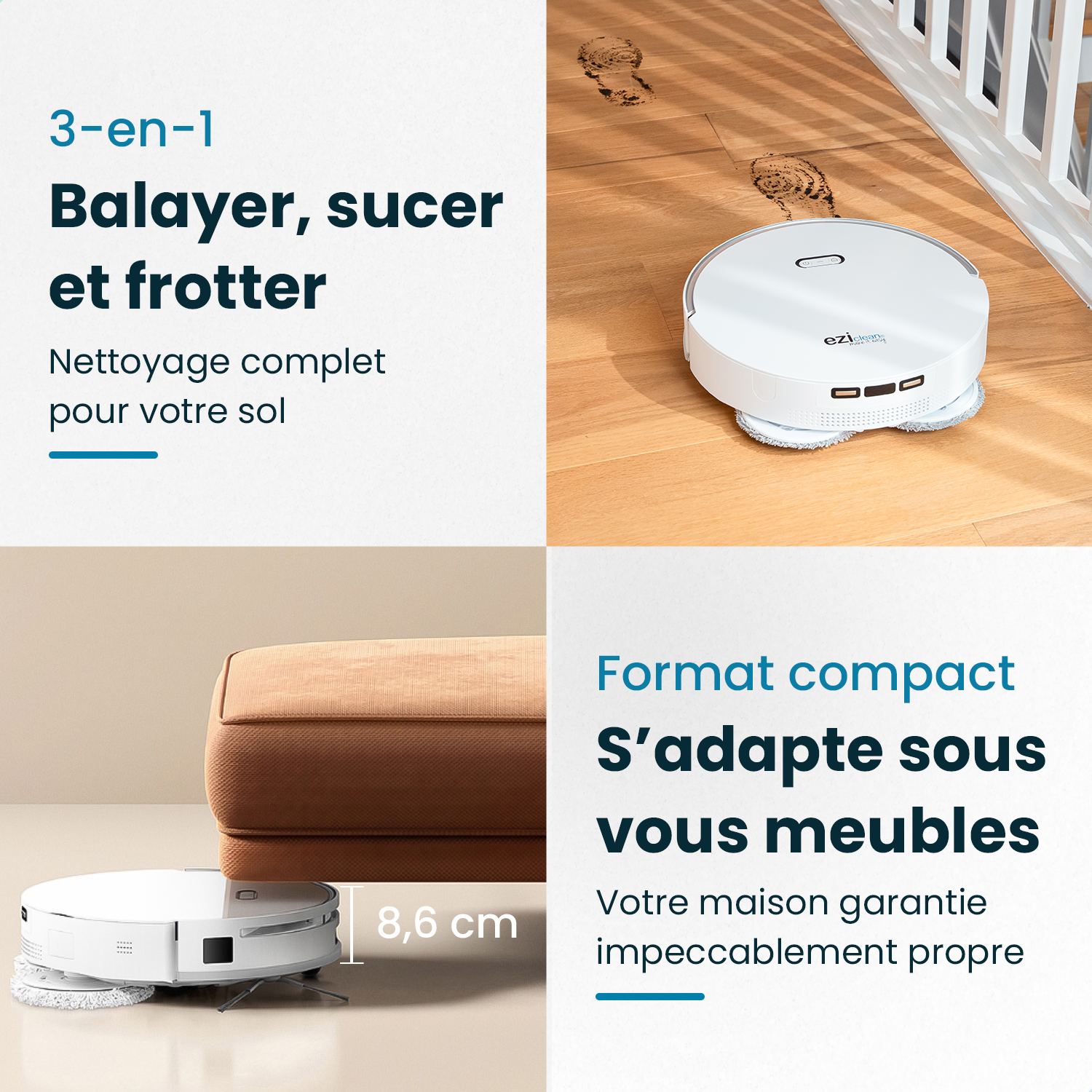 robot aspirateur laveur connecté all in one avec station de vidange eziclean Z15 aspire et lave en un seul passage