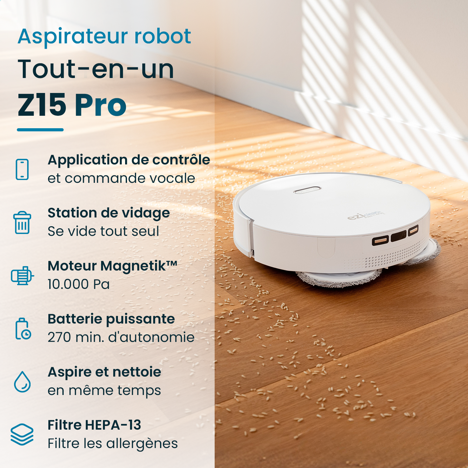 robot aspirateur laveur connecté all in one avec station de vidange eziclean Z15 avec une puissance surpuissante