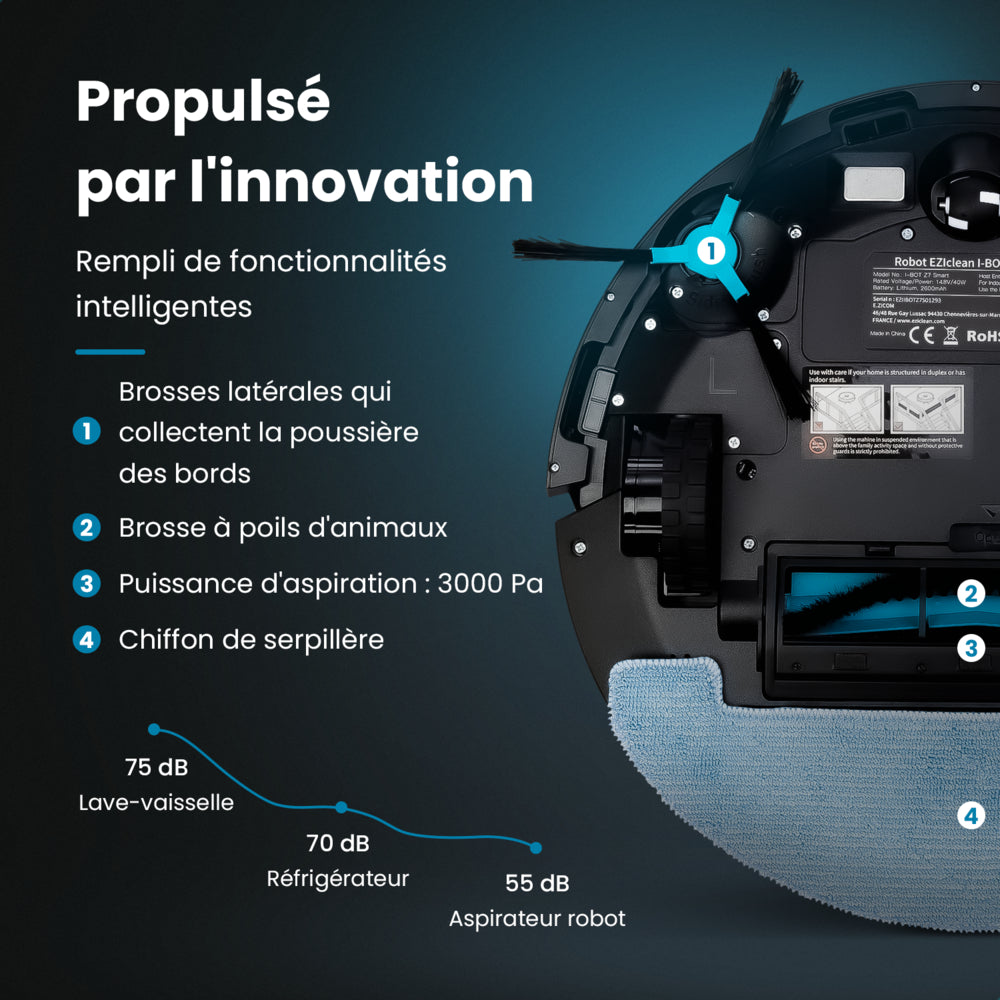 robot aspirateur laveur connecté eziclean Z7 avec base de vidange forte puissance d&