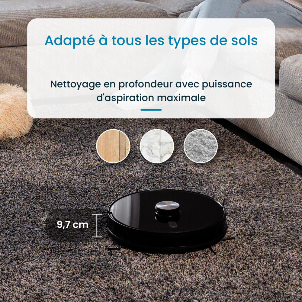 robot aspirateur laveur connecté eziclean Z7 avec base de vidange pour tous les types de sols
